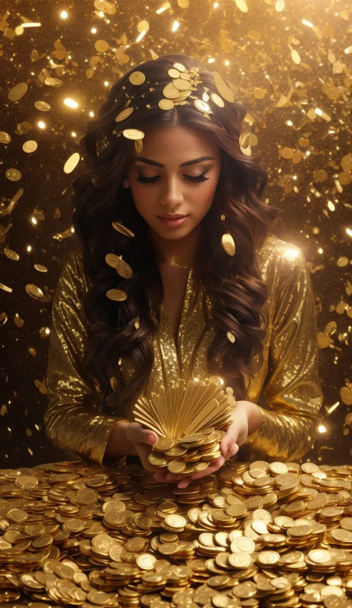 a woman in a gold dress holding a fan of gold coins