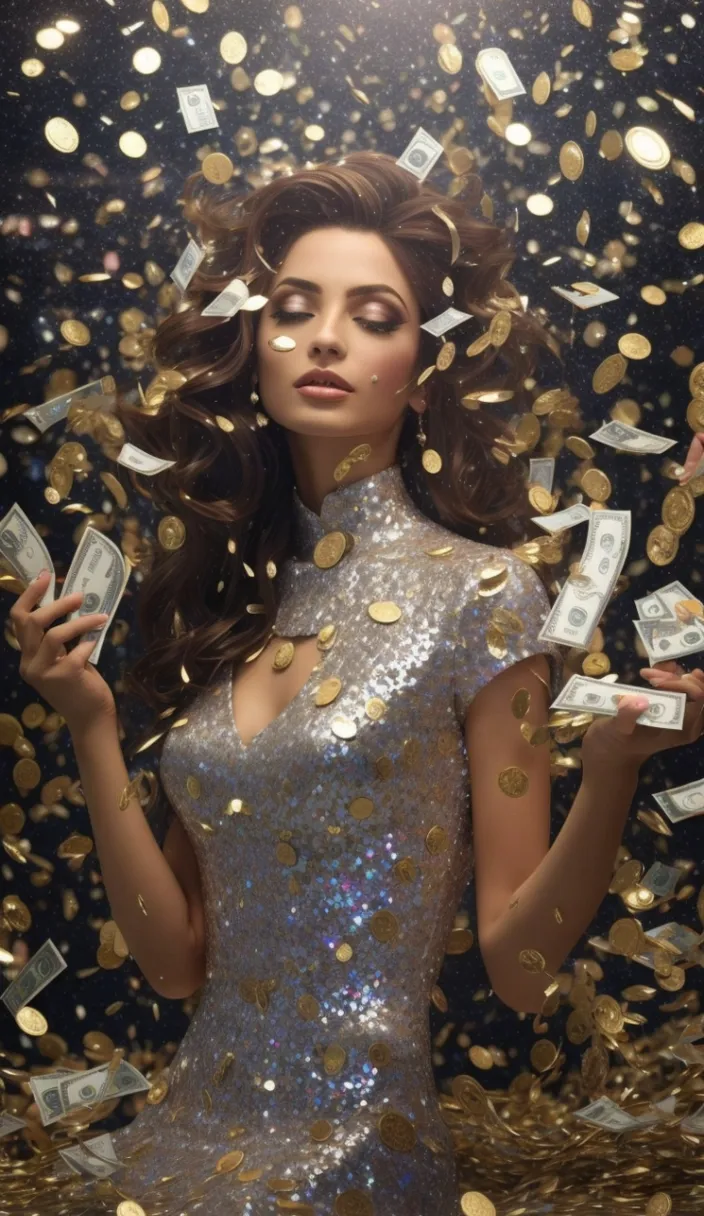 a woman in a silver dress surrounded by money