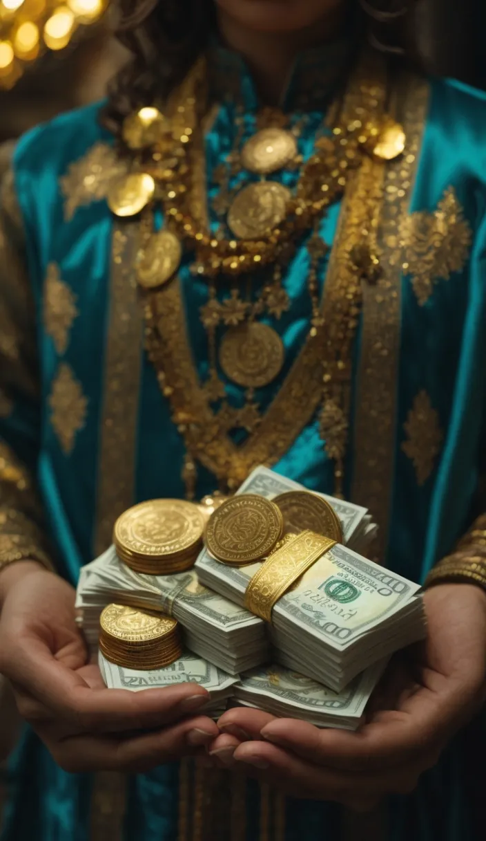 a man in a blue and gold outfit holding stacks of money