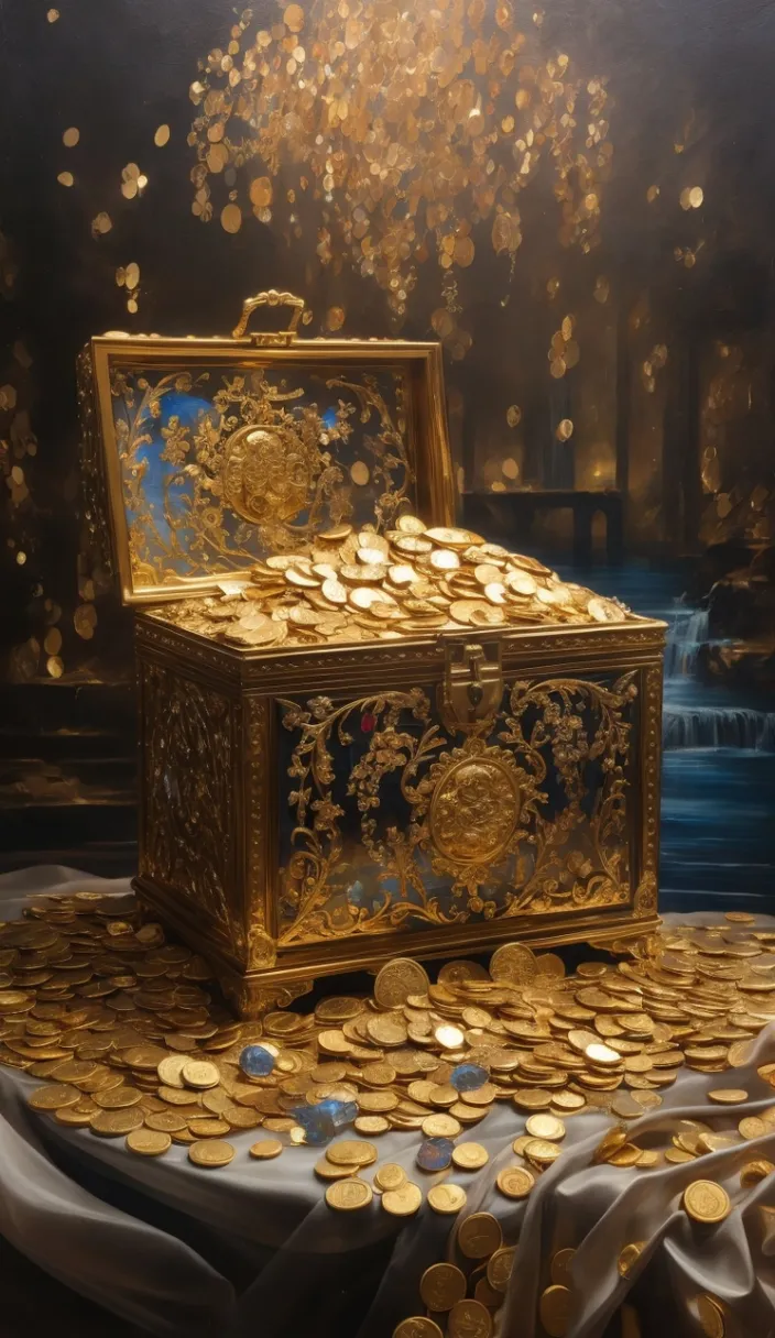 a large gold chest sitting on top of a table