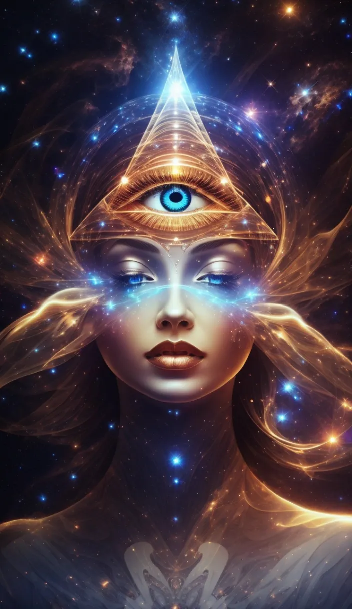 a woman's face with a blue eye surrounded by stars