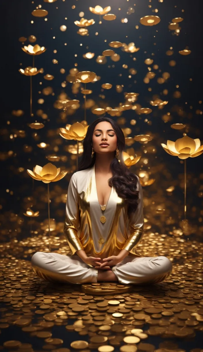 a woman sitting in a lotus position in front of gold coins