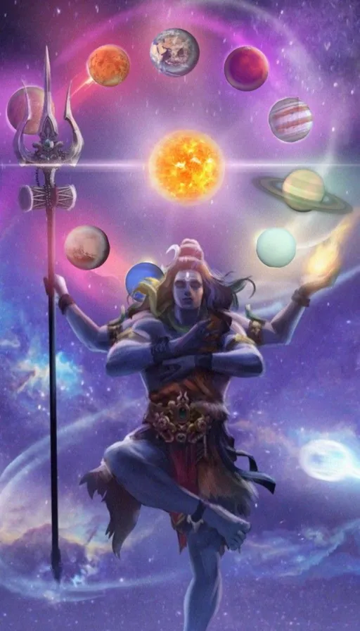 a painting of a person holding a pole with planets in the background