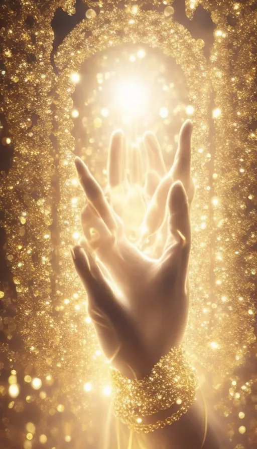 a person's hand reaching up towards a shining light