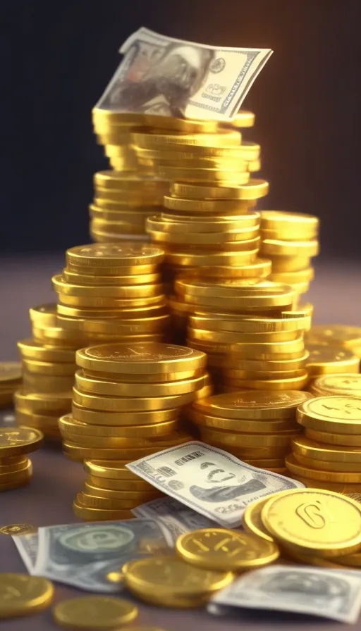 a pile of gold coins with a dollar bill sticking out of it