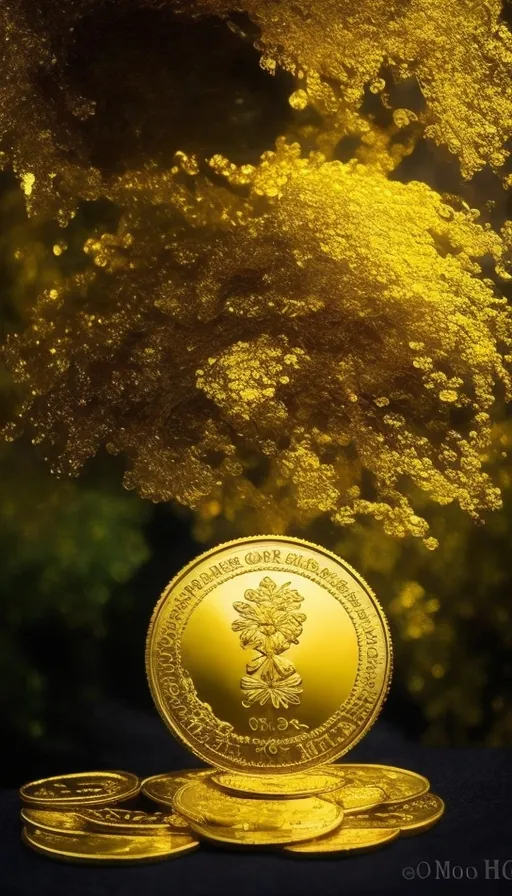 a pile of gold coins sitting next to a tree