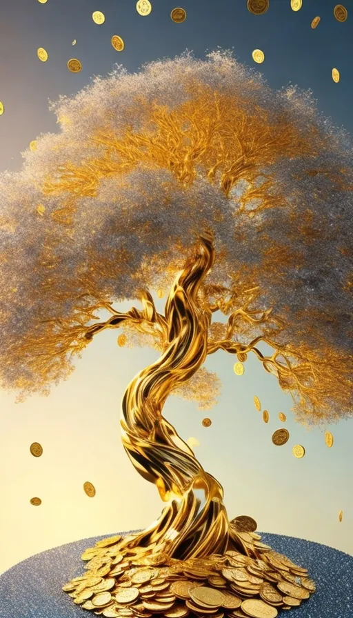 a golden tree on top of a pile of coins