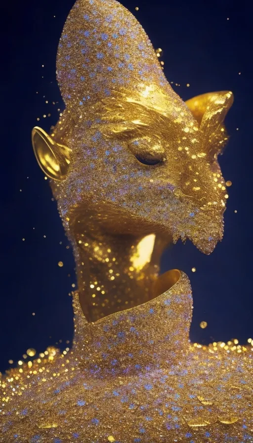 a gold statue with glitter on it's face