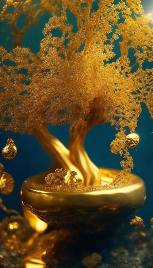 a golden tree in a bowl of water