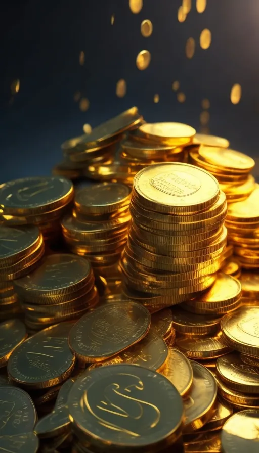 a pile of gold coins with a light in the background