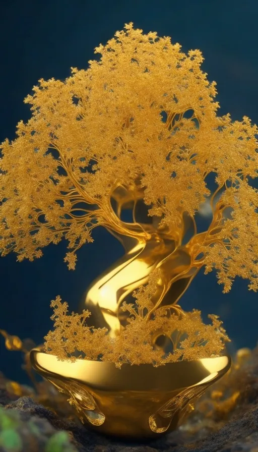 a golden bonsai tree in a bowl on a rock