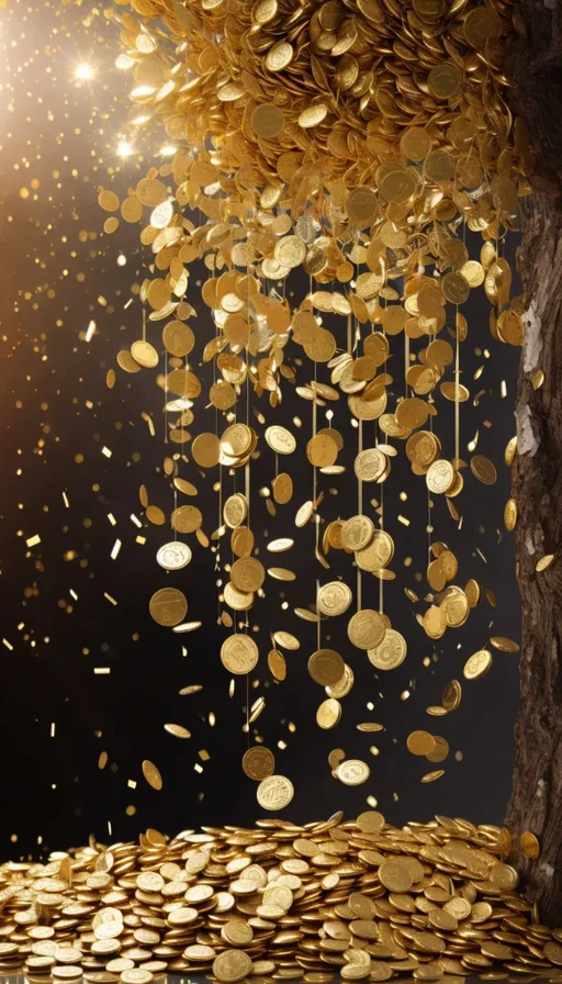 a bunch of gold coins falling from a tree