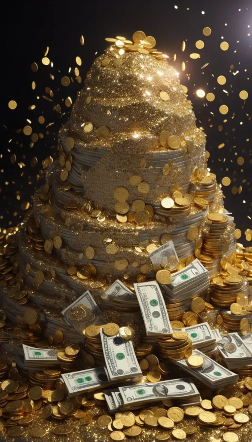 a pile of money sitting on top of a pile of gold coins