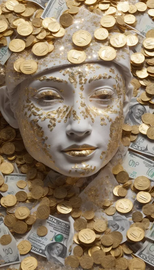 a woman's face surrounded by gold coins