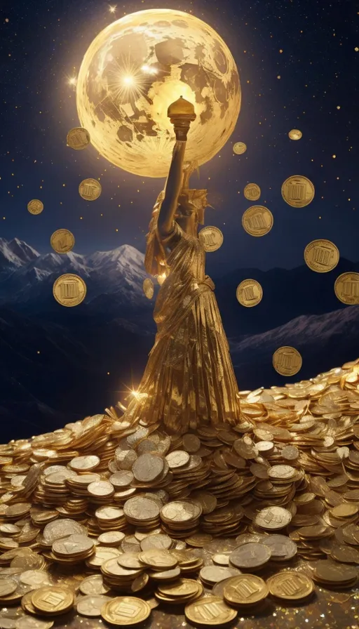 a statue of liberty surrounded by golden coins