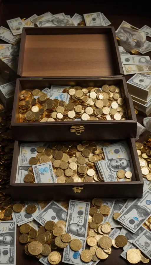 a wooden box filled with lots of money