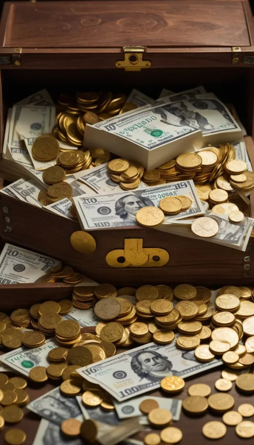 a wooden box filled with lots of gold coins