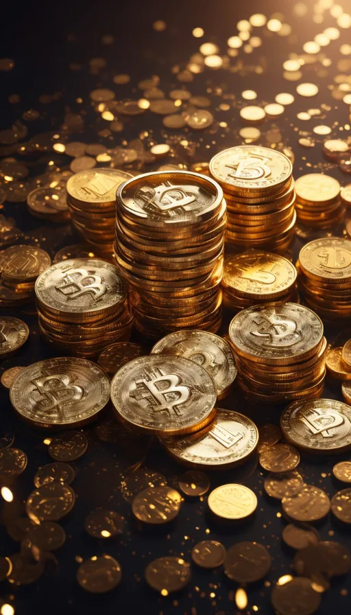 a pile of gold bitcoins sitting on top of a table