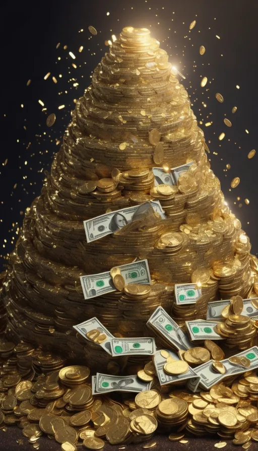 a pile of money sitting on top of a pile of gold coins