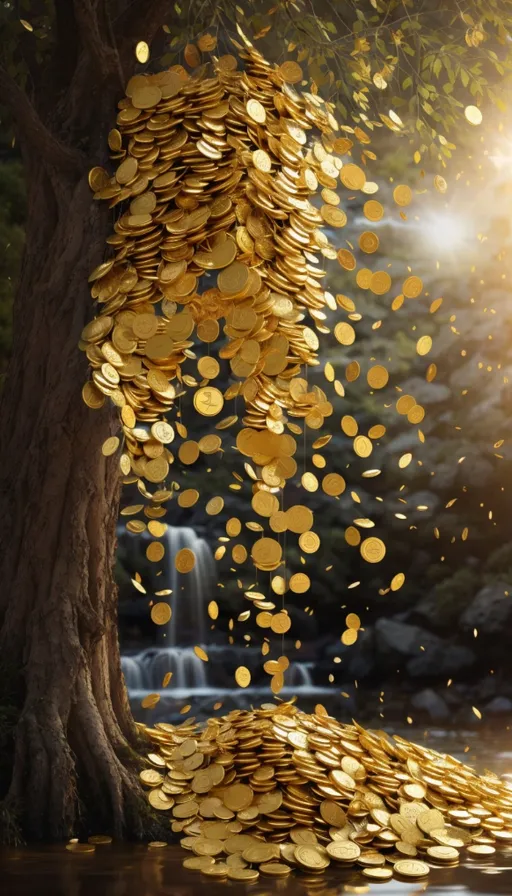 a tree with lots of gold coins hanging from it