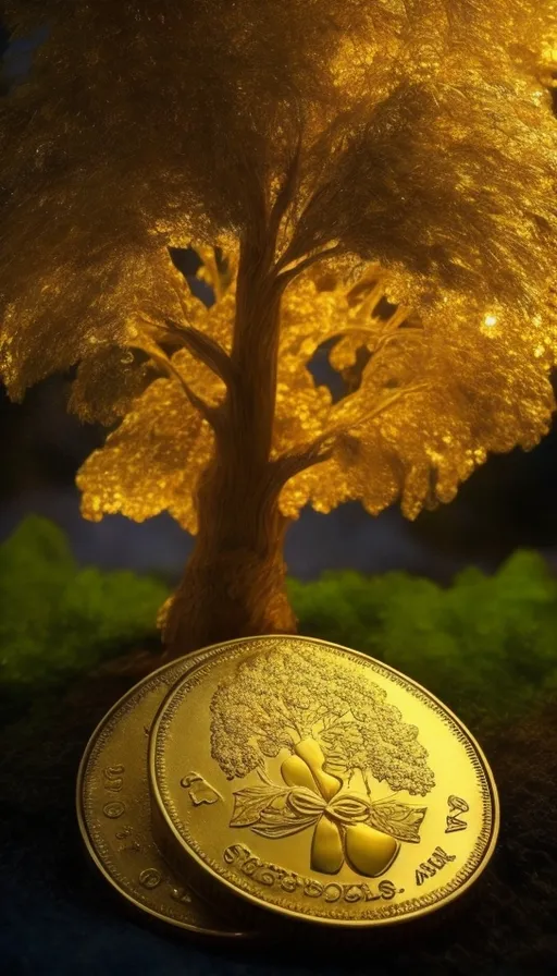 a gold coin sitting in front of a tree