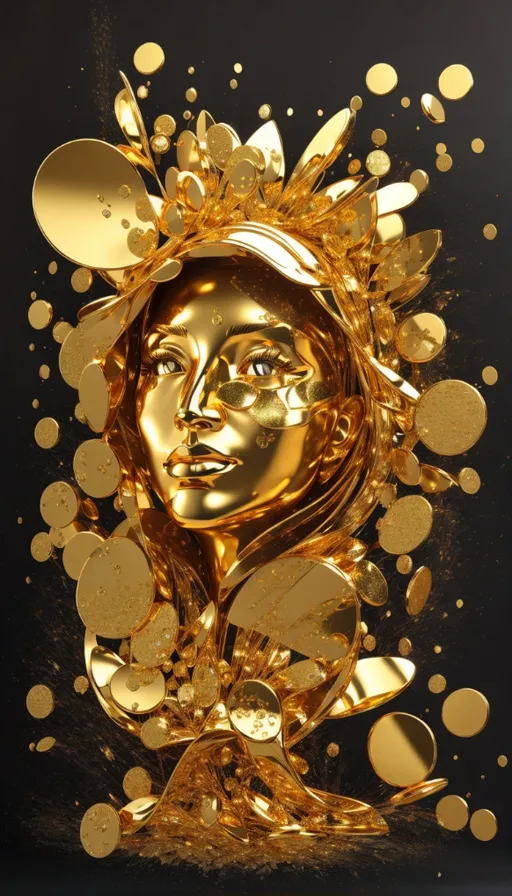 a golden sculpture of a woman's face on a black background