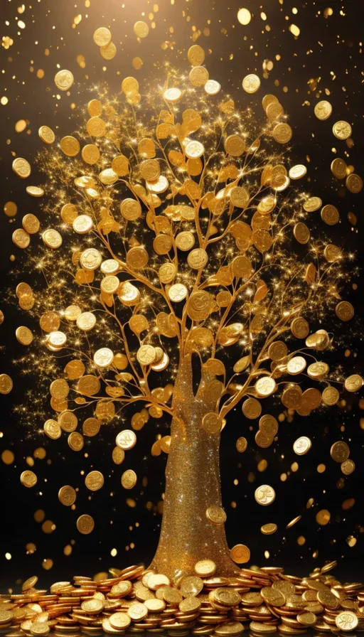 a golden tree with lots of coins in front of it