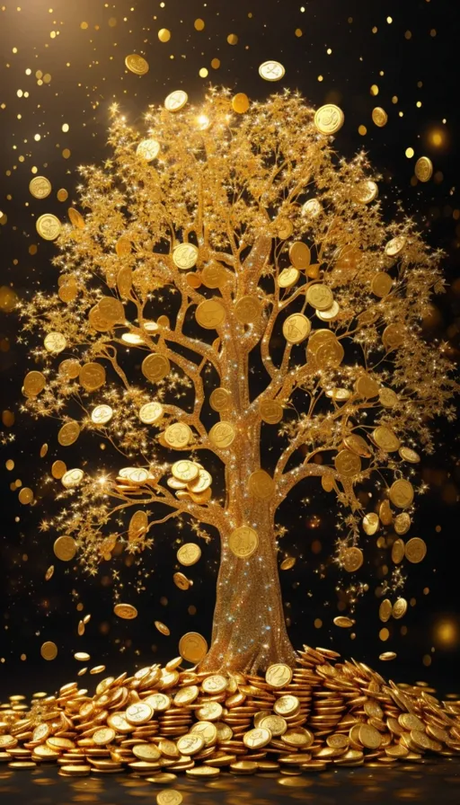 a golden tree on top of a pile of coins