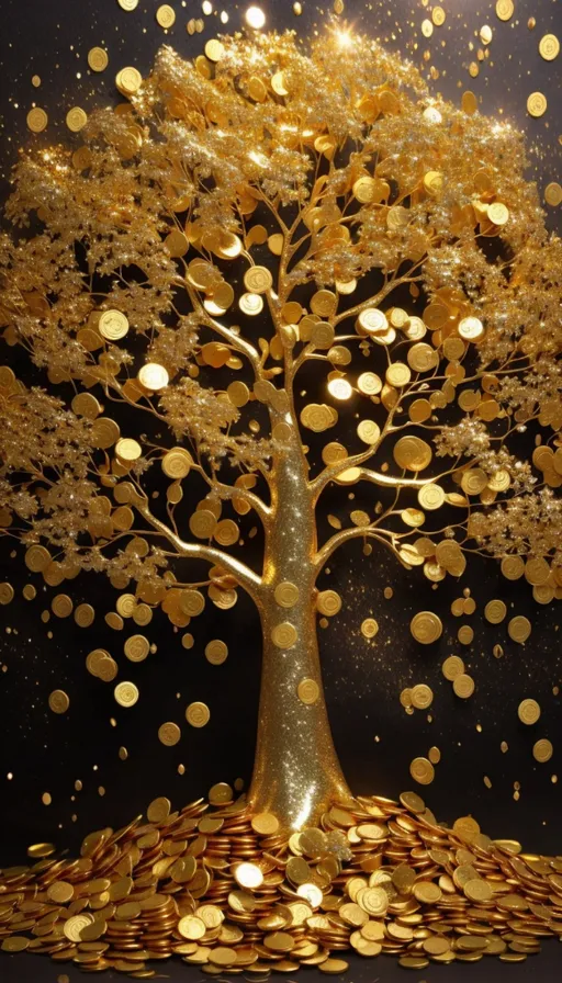 a golden tree with lots of coins in front of it