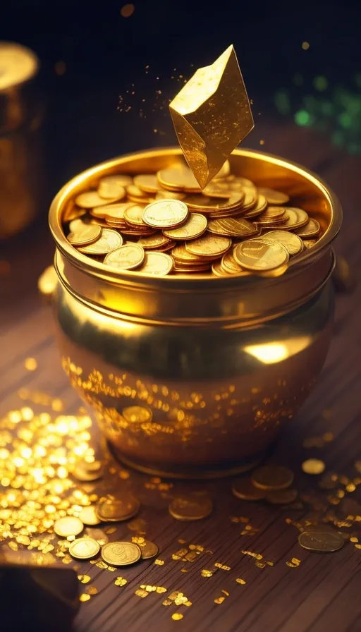 a golden container filled with gold coins on top of a wooden table, glitter, money, coins