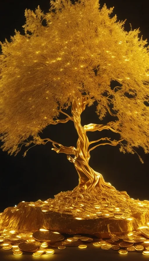 a tree that is sitting on top of a pile of coins, glitter gold, money