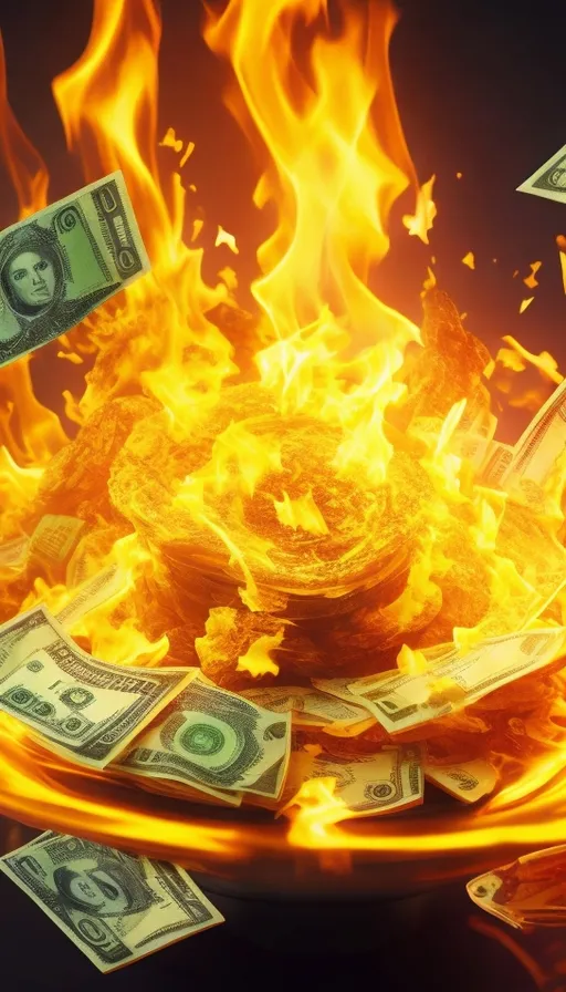 a pile of money sitting on top of a fire