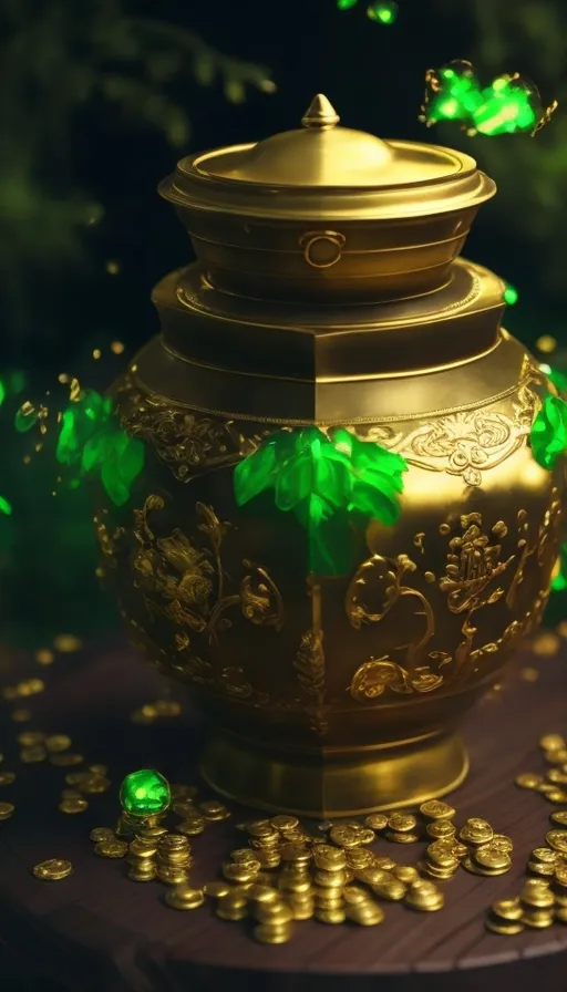 a gold pot with green leaves on a table