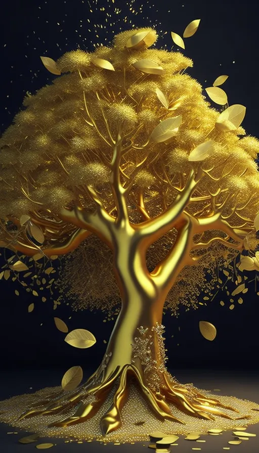 a golden tree with falling leaves on a dark background