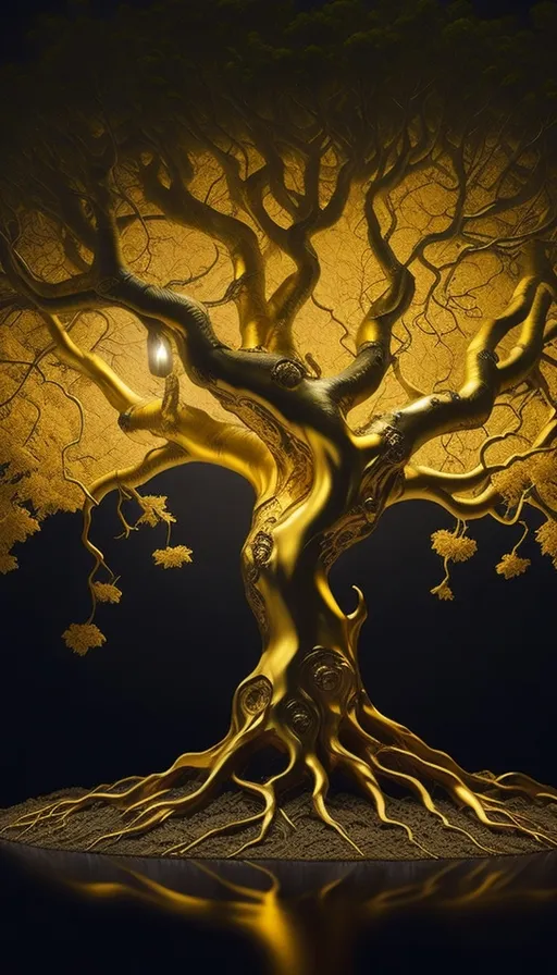 a painting of a golden tree with a light shining on it