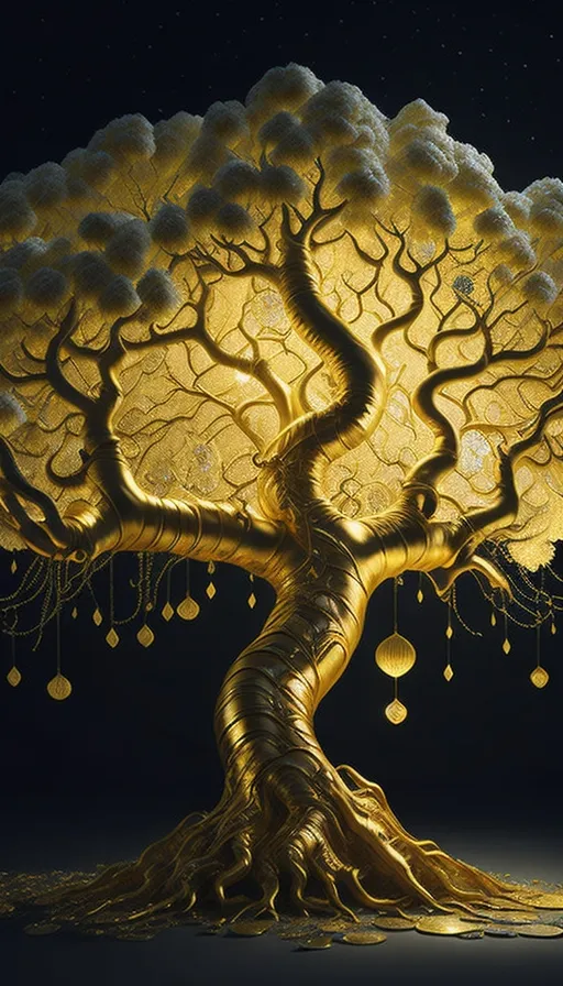 a golden tree with many lights hanging from it's branches