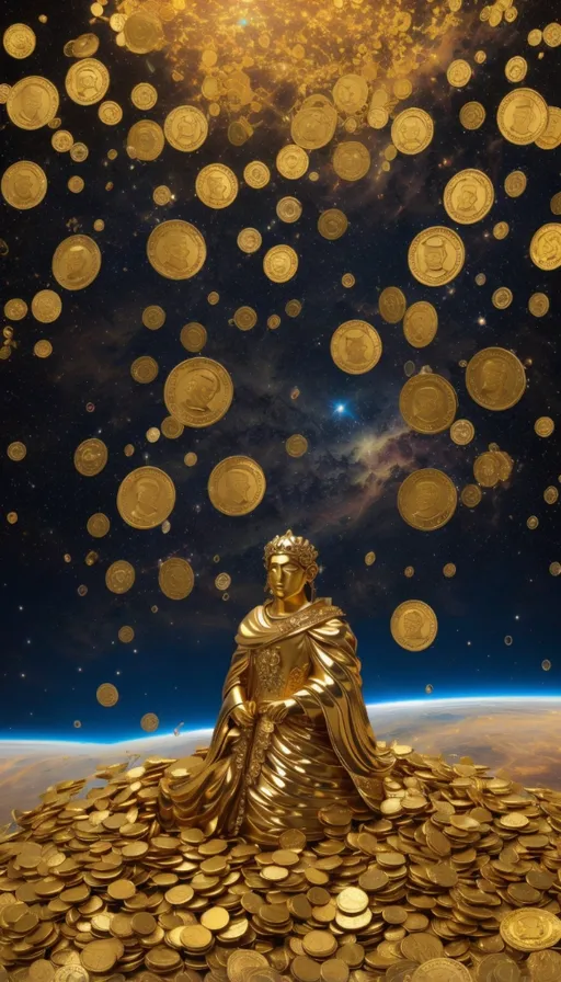 a golden buddha statue sitting on top of a pile of gold coins