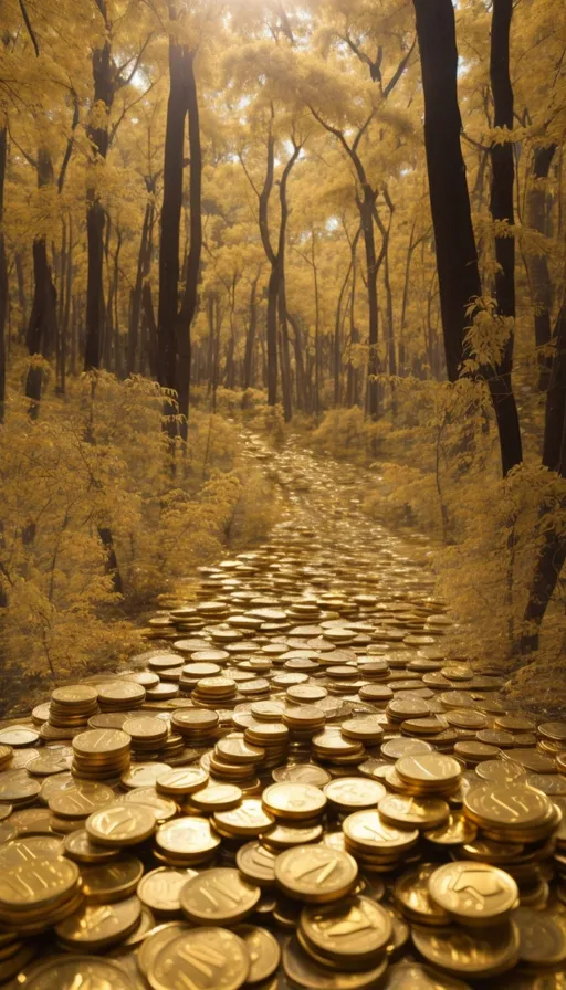 a path made out of gold coins in the middle of a forest