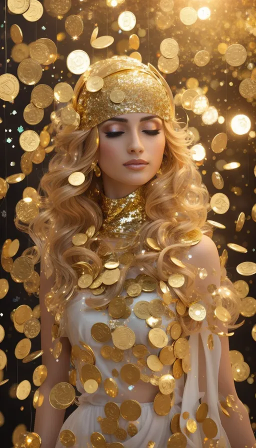 a woman in a white dress with gold coins around her