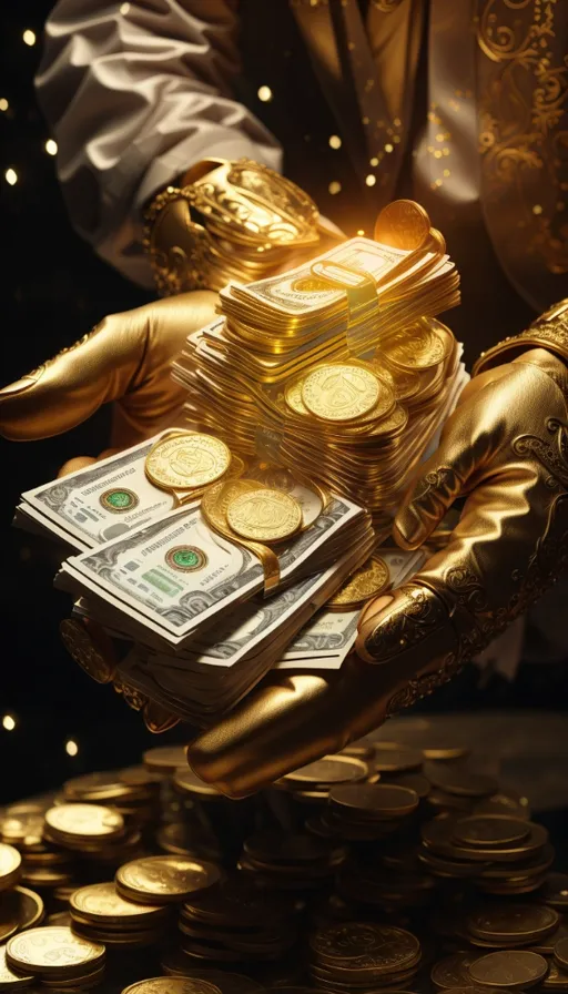 a person holding a stack of gold coins