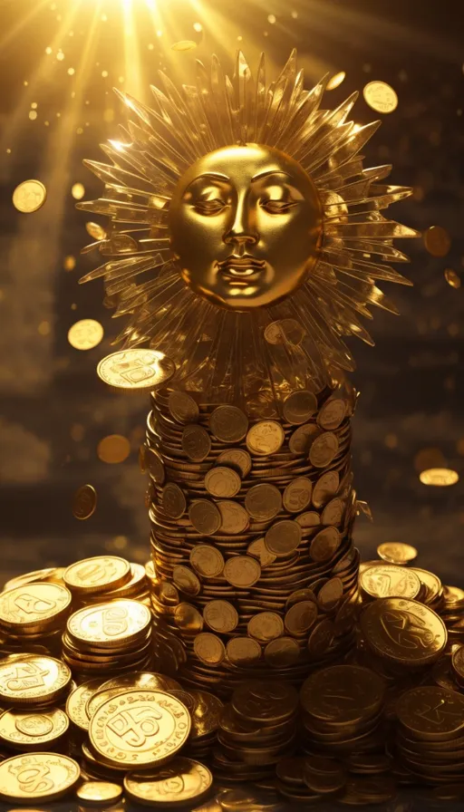 a pile of gold coins with a sun on top of it