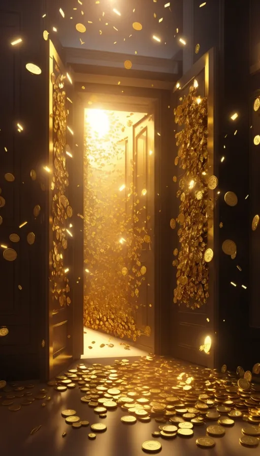 an open door leading into a room filled with gold coins