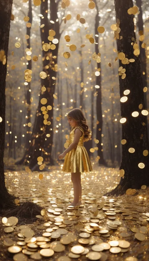 a little girl standing in the middle of a forest surrounded by gold coins