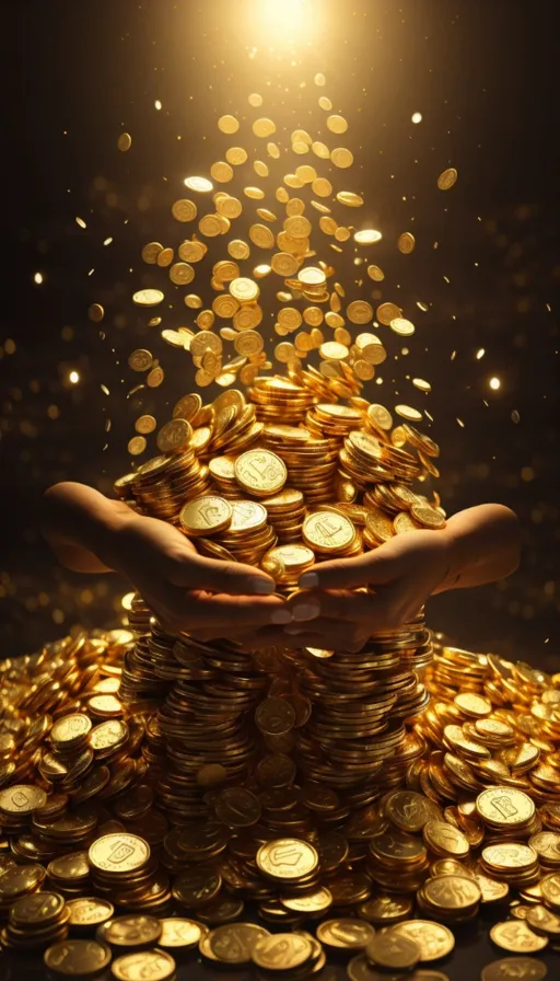 a pile of gold coins being held by two hands