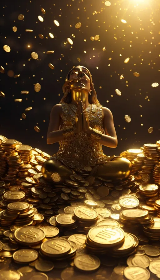 a woman sitting on top of a pile of gold coins