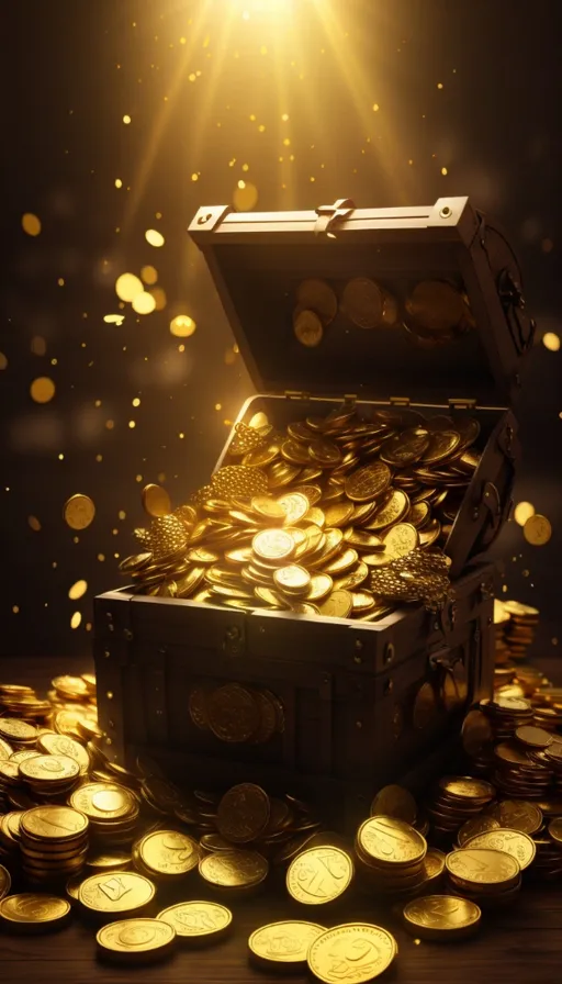 a chest full of gold coins on a table