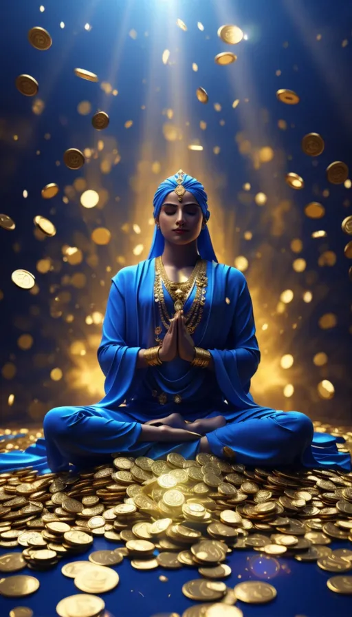 a buddha statue sitting on top of a pile of gold coins