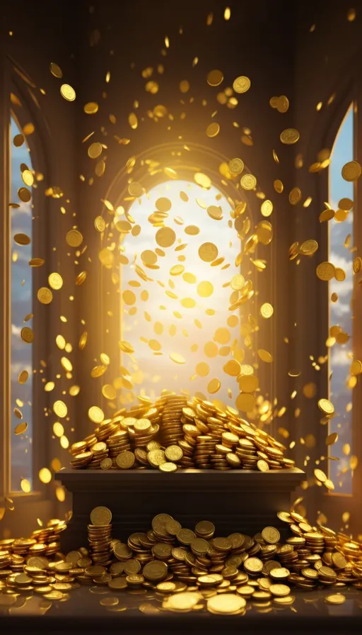 a pile of gold coins in front of a window