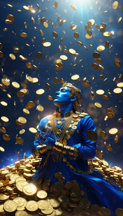 a man in blue is surrounded by gold coins