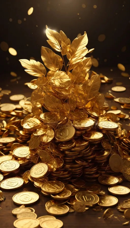 a pile of gold coins on a table